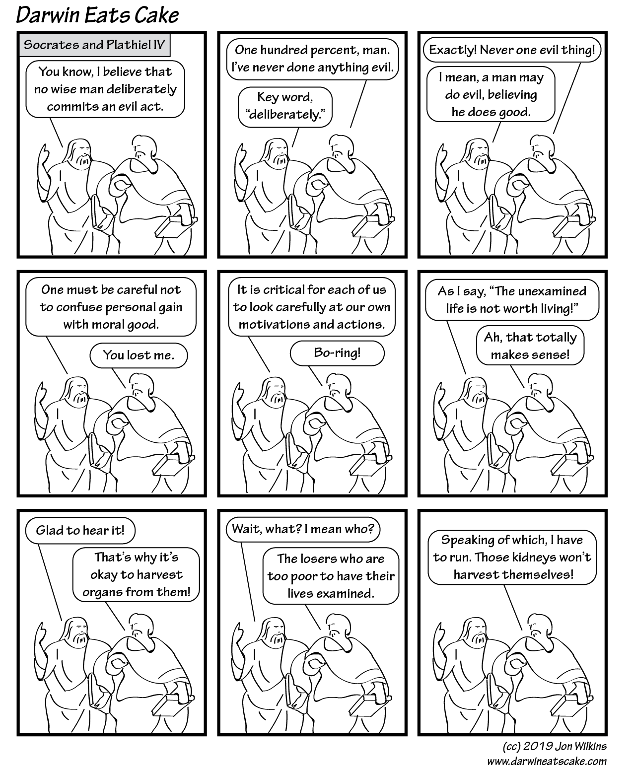 In which Socrates and Plathiel discuss the value of the unexamined life